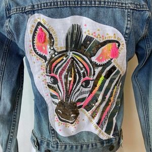 Monte Carlo Polo Jockey Club Denim Jacket Zebra Applique Sz M Sequins